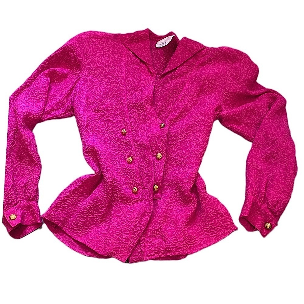 Vintage Silk Hot Pink Button-Up Statement Shoulder Barbiecore Long Sleeve Blouse - Picture 5 of 14
